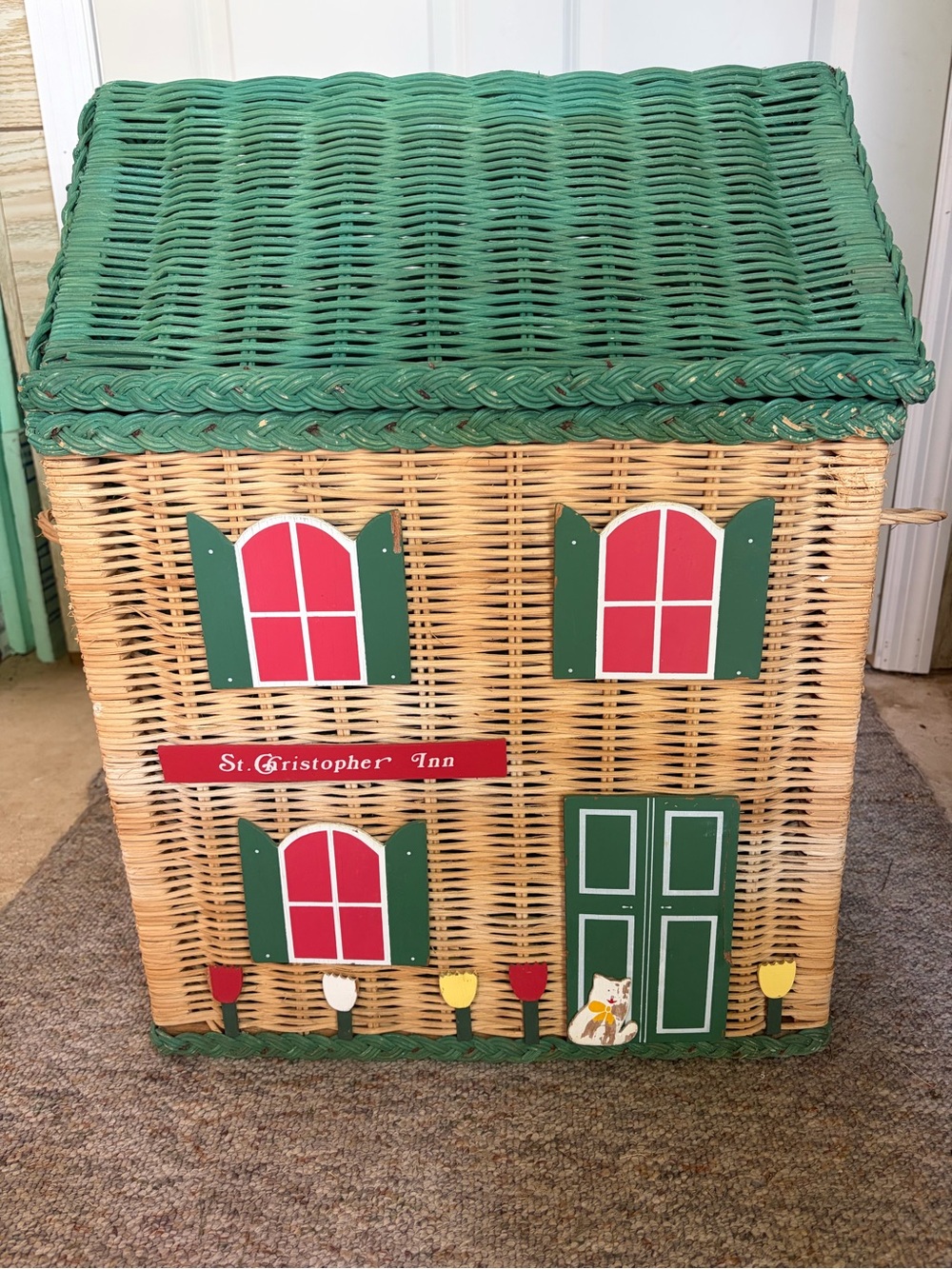 Vintage Green & Red Wicker Dollhouse Storage Chest